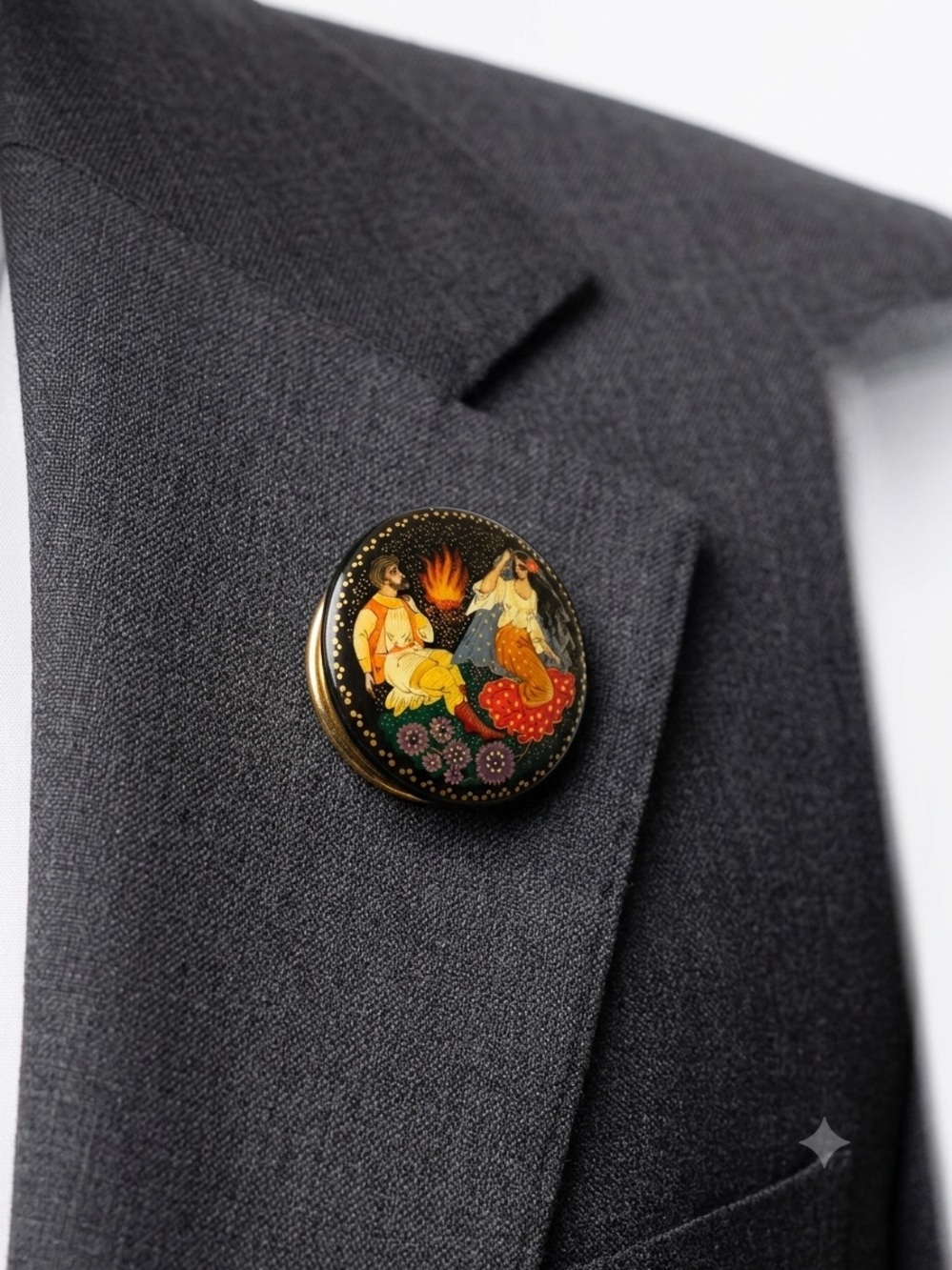 Vintage Russian Hand-Painted Black and Gold Enamel Lapel Pin